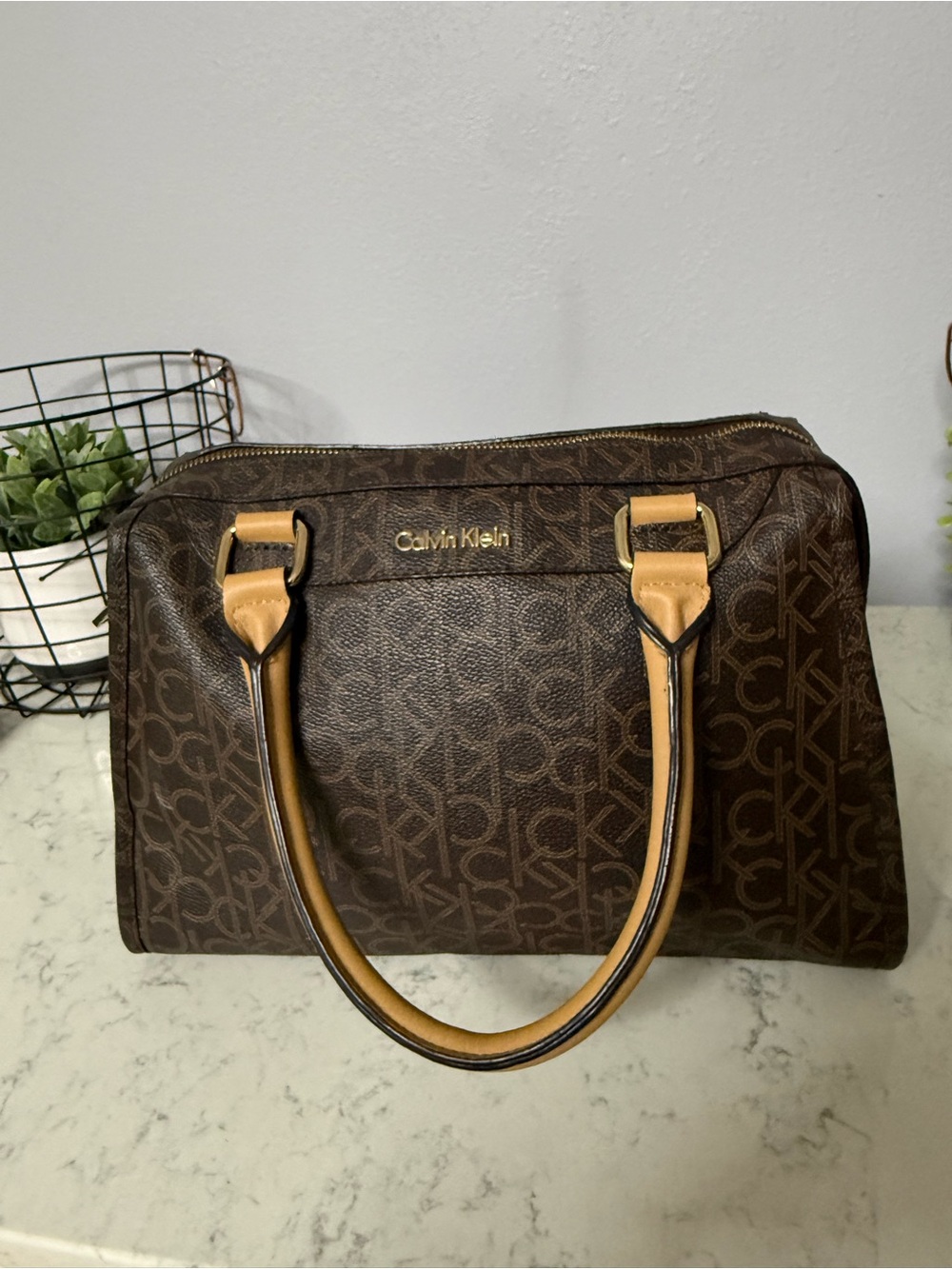 Calvin Klein Brown Monogram Satchel with Tan Handles